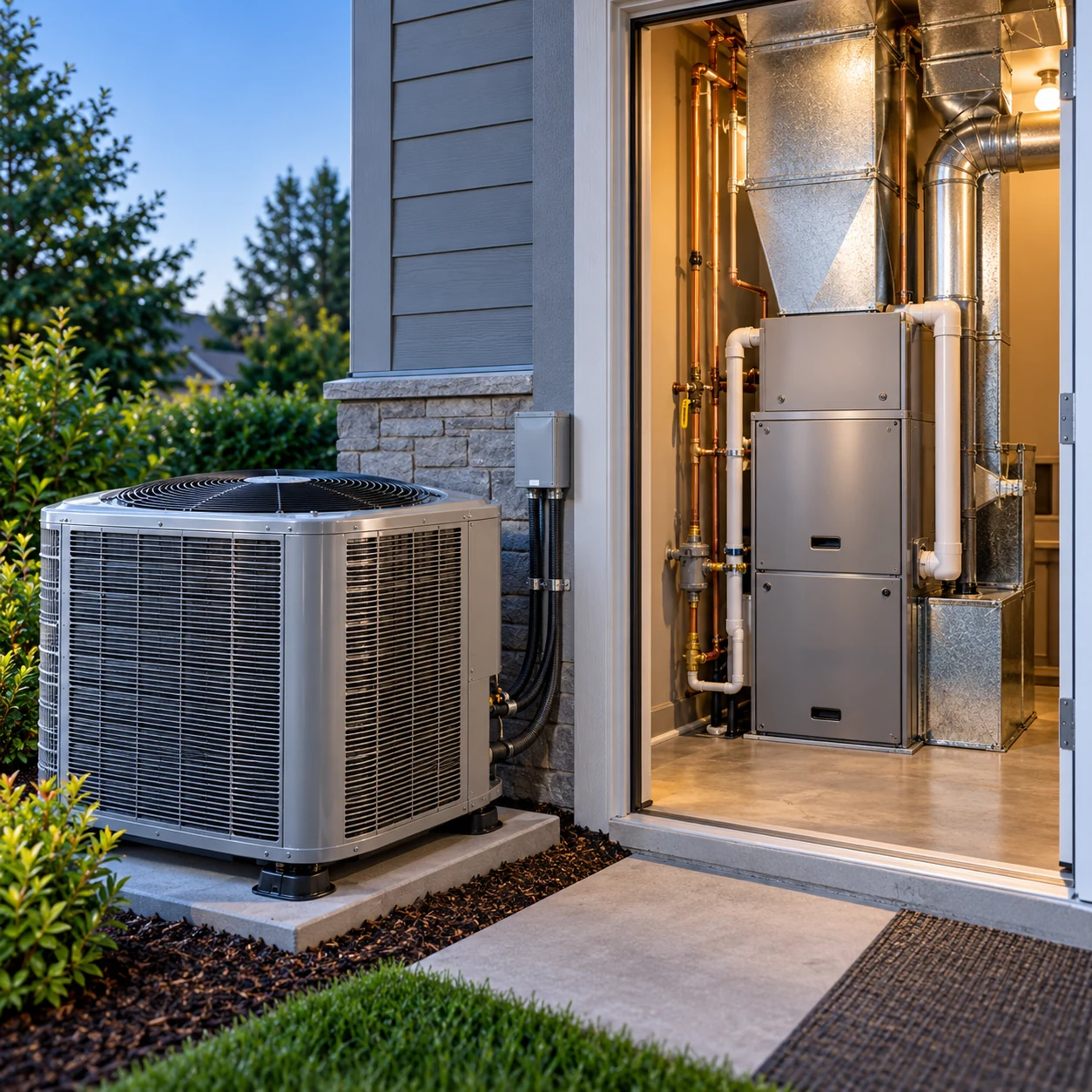 Illustrative heating furnace and outdoor cooling unit together