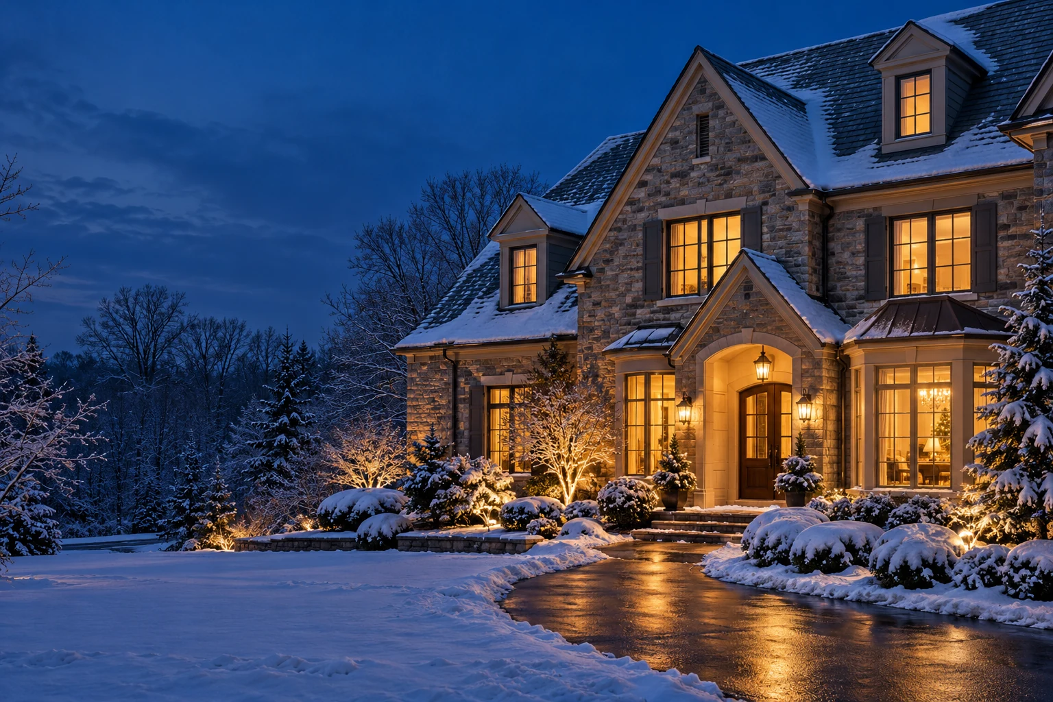 Illustrative snow-covered home with warm light glowing from its windows